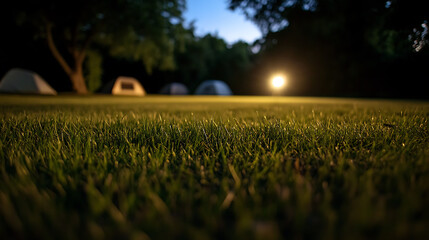 Night camping under the stars. Tents are spread across a grassy field, illuminated by a soft light source. Experience the serenity of nature under the night sky.
