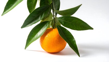 Orange fruit hanging from a tree branch with green leaves.