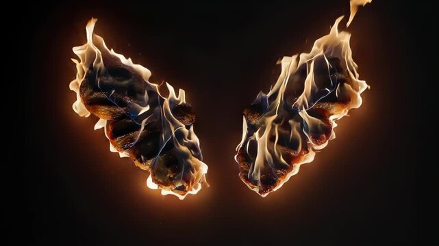 Burning wings in a dark void. Fiery imagery, abstract and symbolic
