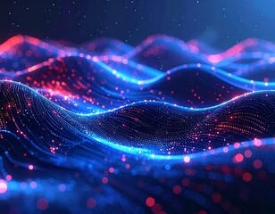 Digital waves undulate with blue and red lights, starry background