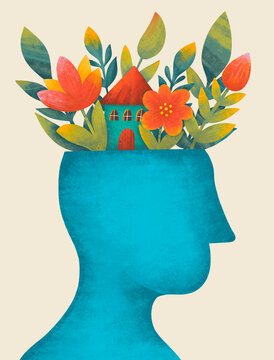 Creativity blooms with a house and flowers in a colorful mind