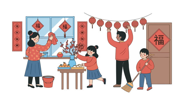 Family preparing for Chinese New Year: mother cleaning, father hanging lanterns, daughter arranging flowers, and son sweeping the floor.