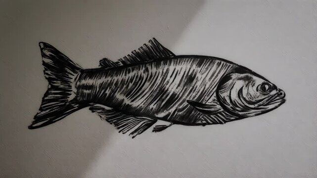 Black and white illustration of a fish on a textured, grey background