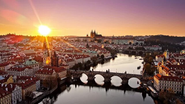 Aerial view of prague cityscape with charles bridge and prague castle at sunrise or sunset vector illustration