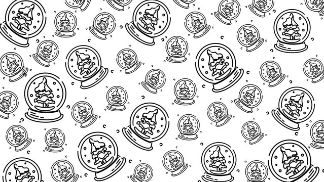 Doodle Snow Globe Seamless Pattern Loop 4K. Christmas and Winter Holiday White Background 