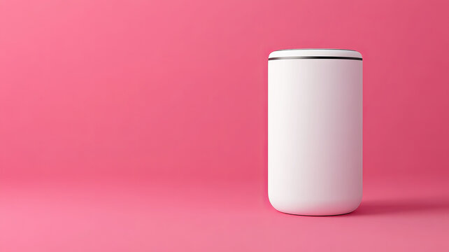 Minimalist white portable Bluetooth speaker on pink background, modern design, clean and stylish