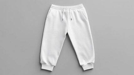 White jogger pants with drawstring waistband and cuffed ankles laid flat on gray background