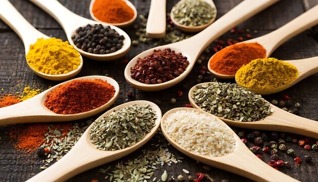 Assortment of colorful spices in wooden spoons on dark background. Cooking ingredient, food seasoning concept for recipes and culinary. - Powered by Adobe