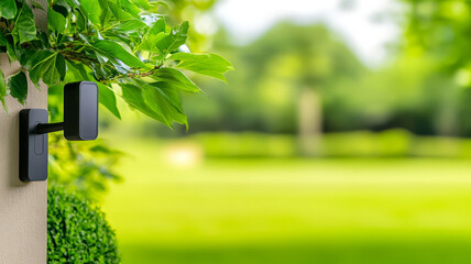 Smart home doorbell mockup on exterior wall with green garden background, modern technology