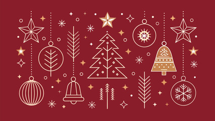 Festive christmas themed background with ornaments stars and christmas tree on a dark red background