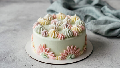 Pastel Korean-style mini cake with smooth buttercream finish, aesthetic piping details, soft pastel colors, photographed on a simple neutral backdrop, diffused glowing light, gentle shadows, cute clea