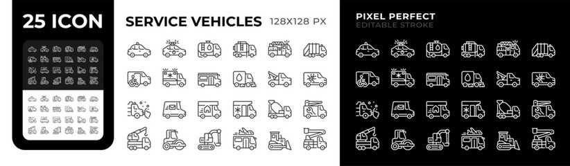 Service vehicles pixel perfect black and white line icons set. Emergency transport, public transit. Construction machinery. Outline iconset. Isolated monochrome illustrations. Editable stroke