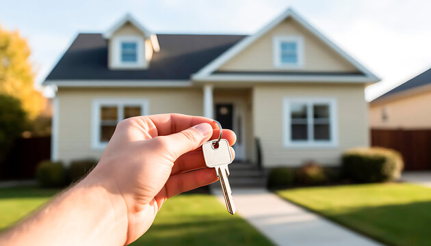 Man hand holding key to new house. First time home buyer or real estate transaction concept. Ownership and moving day.