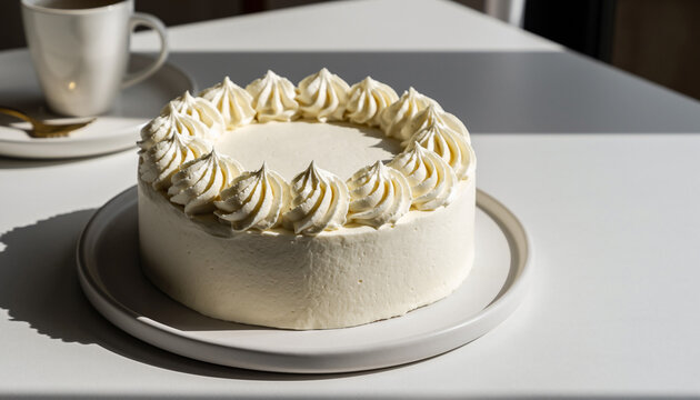 Minimalist food photography of a modern artisanal cake on a matte white ceramic plate, soft natural window light, clean high-key background, subtle shadows, premium bakery texture, ultra-detailed fros