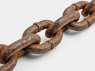 Fototapeta premium Close up view of a heavily rusted metal chain with textured links against a plain background