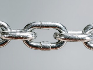 Close up view of a strong metallic chain with interlocking links against a neutral background