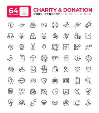 Donation and charity line ui icons set. Voluntarily giving money, goods and time. Act of kindness. Isolated vector outline symbols iconography. User interface elements linear, pixel perfect