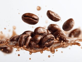 Rich dark roasted coffee beans captured mid air with a splash of liquid