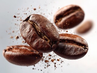 Roasted coffee beans captured in mid air with scattered grounds against a softly lit background