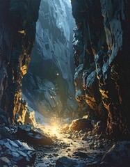 Dramatic canyon scene, light glowing from the distance, dark stone