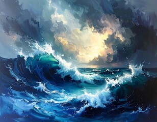 Dramatic oil painting depicts a powerful, stormy ocean scene