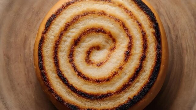 A spiral-shaped, baked pastry, atop a wooden surface, with grilled lines