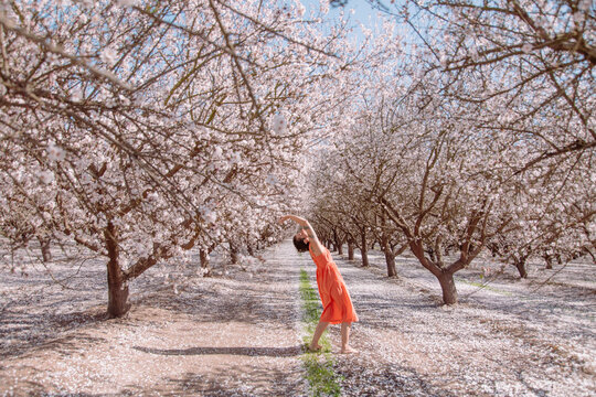 Woman in almond orchard