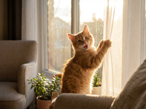 Chat roux curieux jouant avec le rideau, baign&eacute; de lumi&egrave;re dor&eacute;e pr&egrave;s d&rsquo;une fen&ecirc;tre ensoleill&eacute;e


