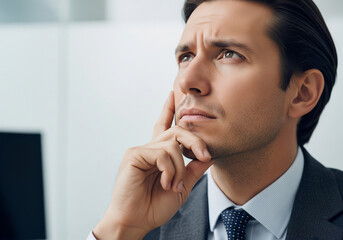 Pensive businessman in a suit contemplating with his hand on his chin, looking upwards in thought
