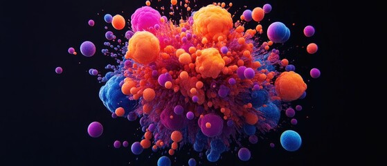 Spherical explosion, vibrant hues on dark