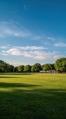 Vibrant park scene with green field and blue sky