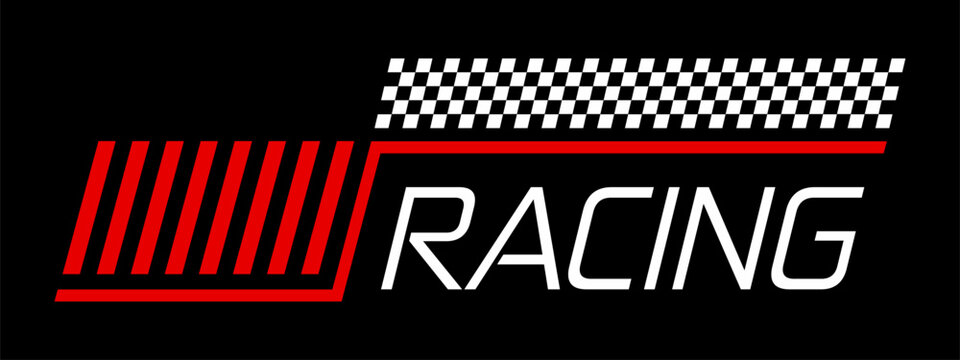 Race car, motocross motorsport sticker or symbol. Speed drive championship sticker, car race competition decal vector patch. Rally racing motorsport emblem tag with checkered pattern and typography