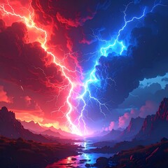 Dramatic landscape of lightning strikes, split into red and blue