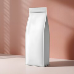 
This AI-generated image is a clean, modern mockup featuring a tall, unmarked white stand-up pouch, commonly used for packaging products like milk powder or supplements.