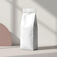 
This AI-generated image is a clean, modern mockup featuring a tall, unmarked white stand-up pouch, commonly used for packaging products like milk powder or supplements.