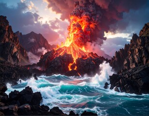Dramatic volcanic eruption by the ocean with fiery lava flow