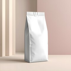 
This AI-generated image is a clean, modern mockup featuring a tall, unmarked white stand-up pouch, commonly used for packaging products like milk powder or supplements.