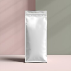 
This AI-generated image is a clean, modern mockup featuring a tall, unmarked white stand-up pouch, commonly used for packaging products like milk powder or supplements.