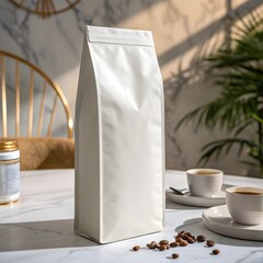 
This AI-generated image is a clean, modern mockup featuring a tall, unmarked white stand-up pouch, commonly used for packaging products like milk powder or supplements.