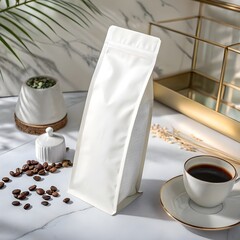 
This AI-generated image is a clean, modern mockup featuring a tall, unmarked white stand-up pouch, commonly used for packaging products like milk powder or supplements.