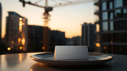 A blank card rests on a plate, urban dusk painting the scene. Buildings rise against a sunset backdrop, hinting at city life. A moment of potential, opportunity, or a message.