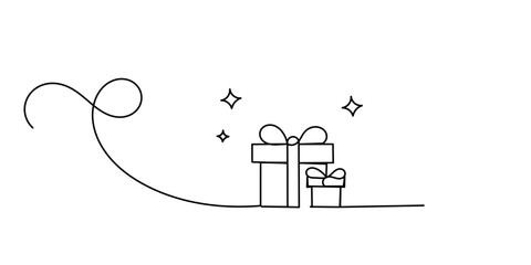 Gift boxes line icon. Continuous one line with curl. Present or Sale sign. Birthday Shopping symbol. Package in Gift Wrap. Holiday presents single outline ribbon. Loop curve pattern