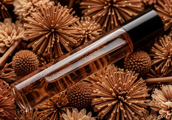 Luxurious essential oil roll-on bottle nestled among earthy dried botanicals, exuding a natural and calming aroma for personal fragrance and well-being