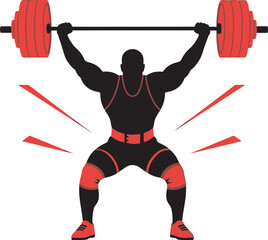 Dynamic vector silhouette of a weightlifter in a squat, holding the barbell overhead with red plates. Ideal graphic for competitive lifting, gym training, strength apps, and athletic event promotion.
