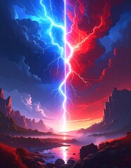 Dramatic landscape split by a celestial rift with electric blue and red