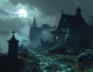 Dark, eerie, moonlit graveyard scene with a church and pathway