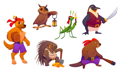 Obraz premium Cartoon animal pirate and corsair characters. Vector dog, owl, penguin, beaver, porcupine, and mantis, each holding swashbuckler accessories like lanterns, weapons, saber, torch, barrel or treasure