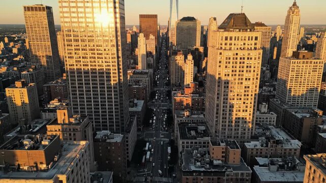 Aerial view of new york city skyscrapers at sunset with golden light illuminating the urban canyon and busy street below vector illustration