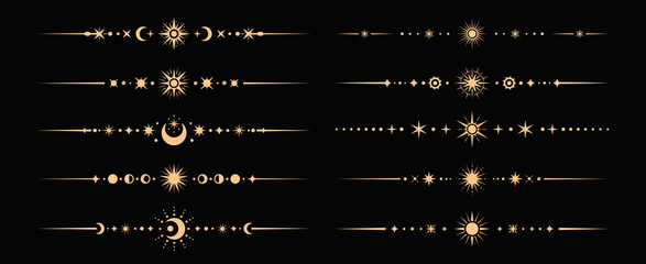 Celestial divider borders or underlines. Mystic vector dividers, linear fantasy elegant separator lines. Esoteric Boho frame borders or golden celestial underline spacers set with crescents and stars
