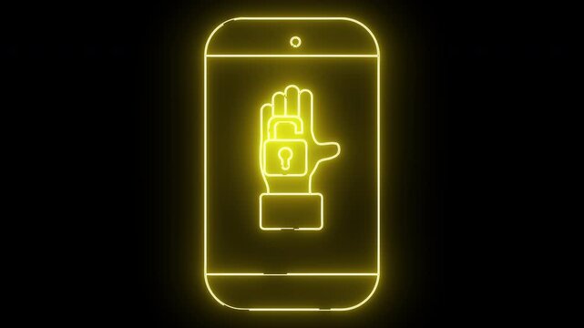 Luminous yellow outline of a smartphone displaying an unlocked padlock on a hand